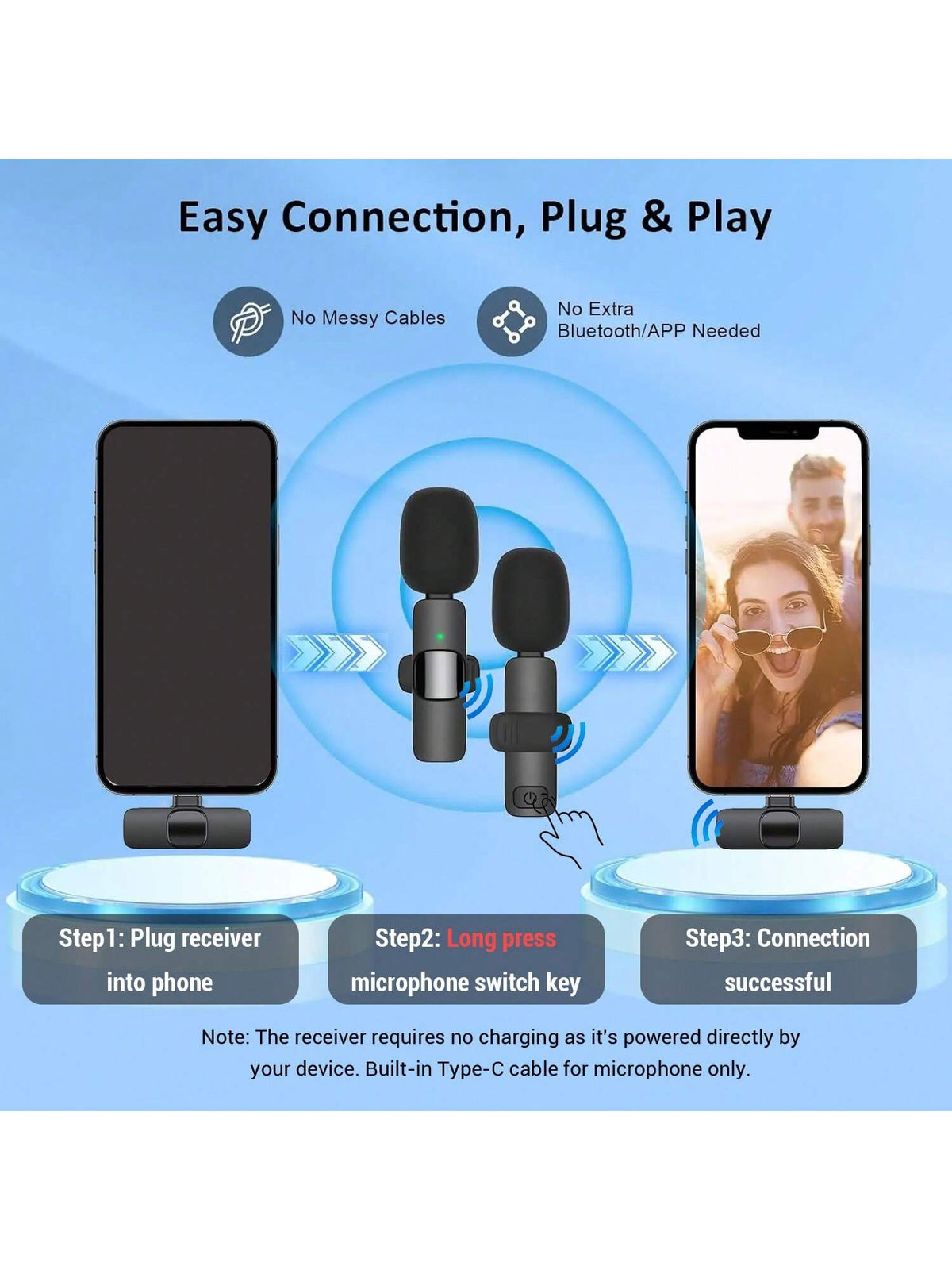 HITOZON Wireless Lavalier Microphone Compatible with Iphone/Android, Plug and Play Omnidirectional Clip-On Microphone, Suitable for Podcast, Vlog, Interview, Teaching and Video Recording