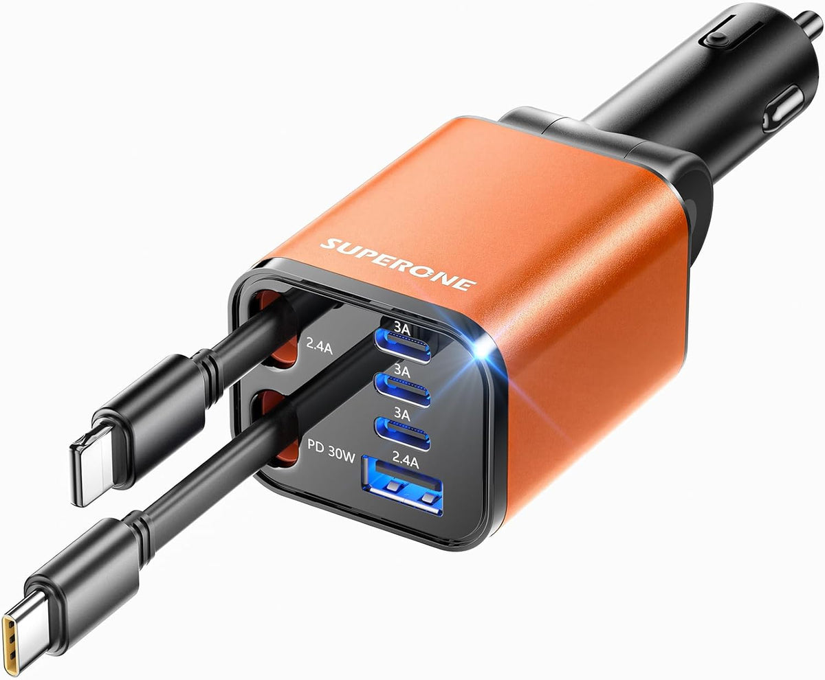 [Upgraded] 6 in 1 Retractable Car Charger with USB-C & Apple Cables