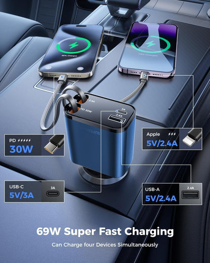 Retractable Car Charger,  99W Car Phone Charger with Dual Cables