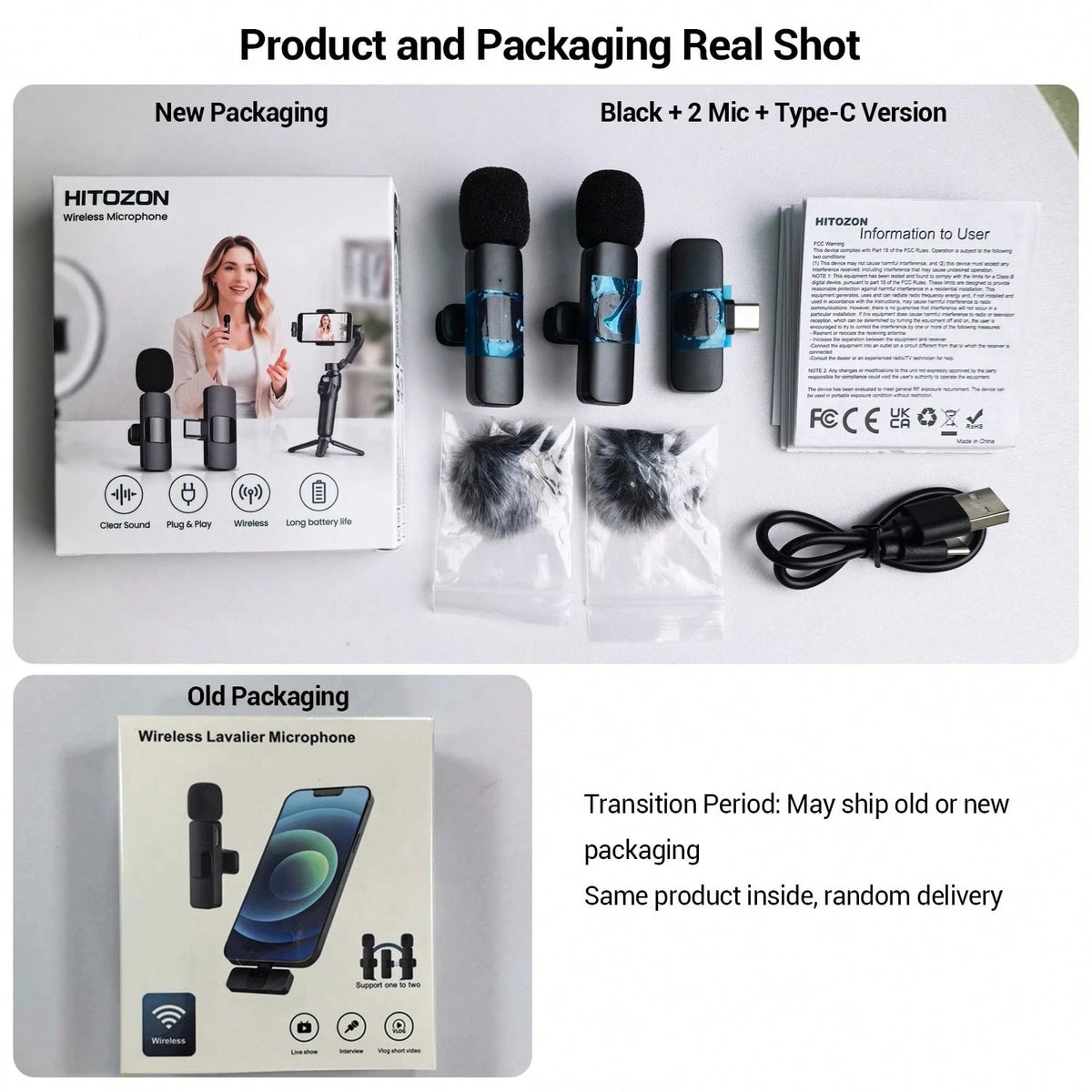 HITOZON Wireless Lavalier Microphone Compatible with Iphone/Android, Plug and Play Omnidirectional Clip-On Microphone, Suitable for Podcast, Vlog, Interview, Teaching and Video Recording