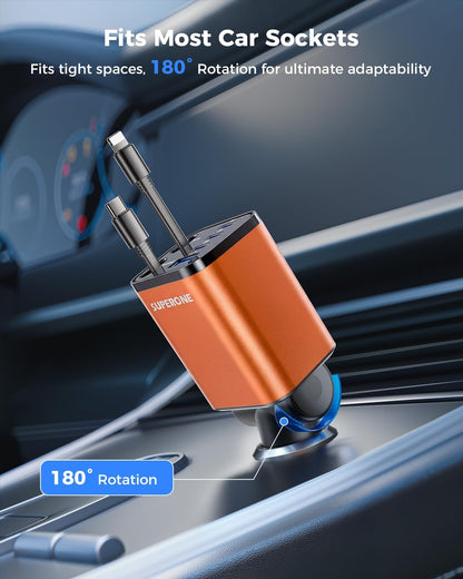 [Upgraded] 6 in 1 Retractable Car Charger with USB-C & Apple Cables